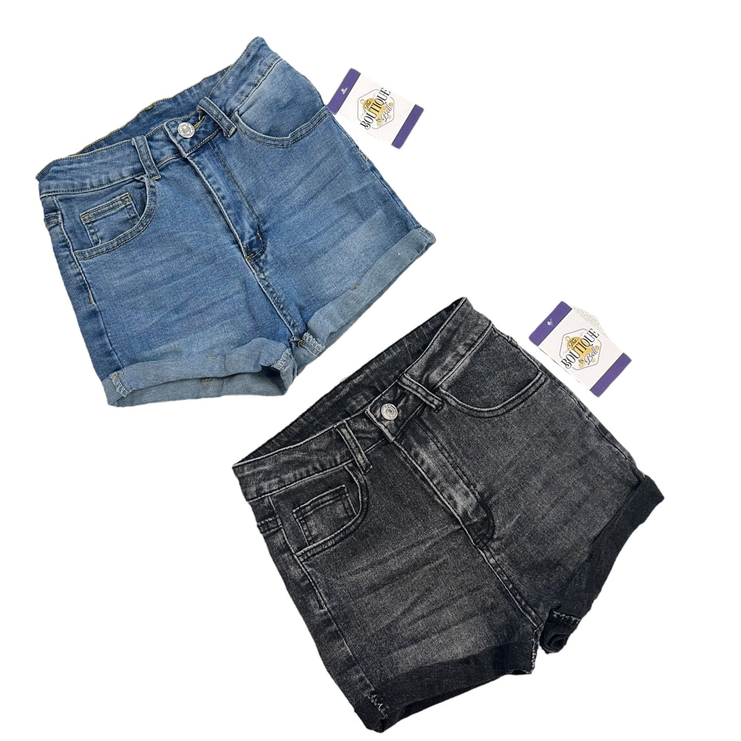 SHEIN Womens XS Blue Black Jean Shorts High Rise Cuffed Stretch - Lot of 2