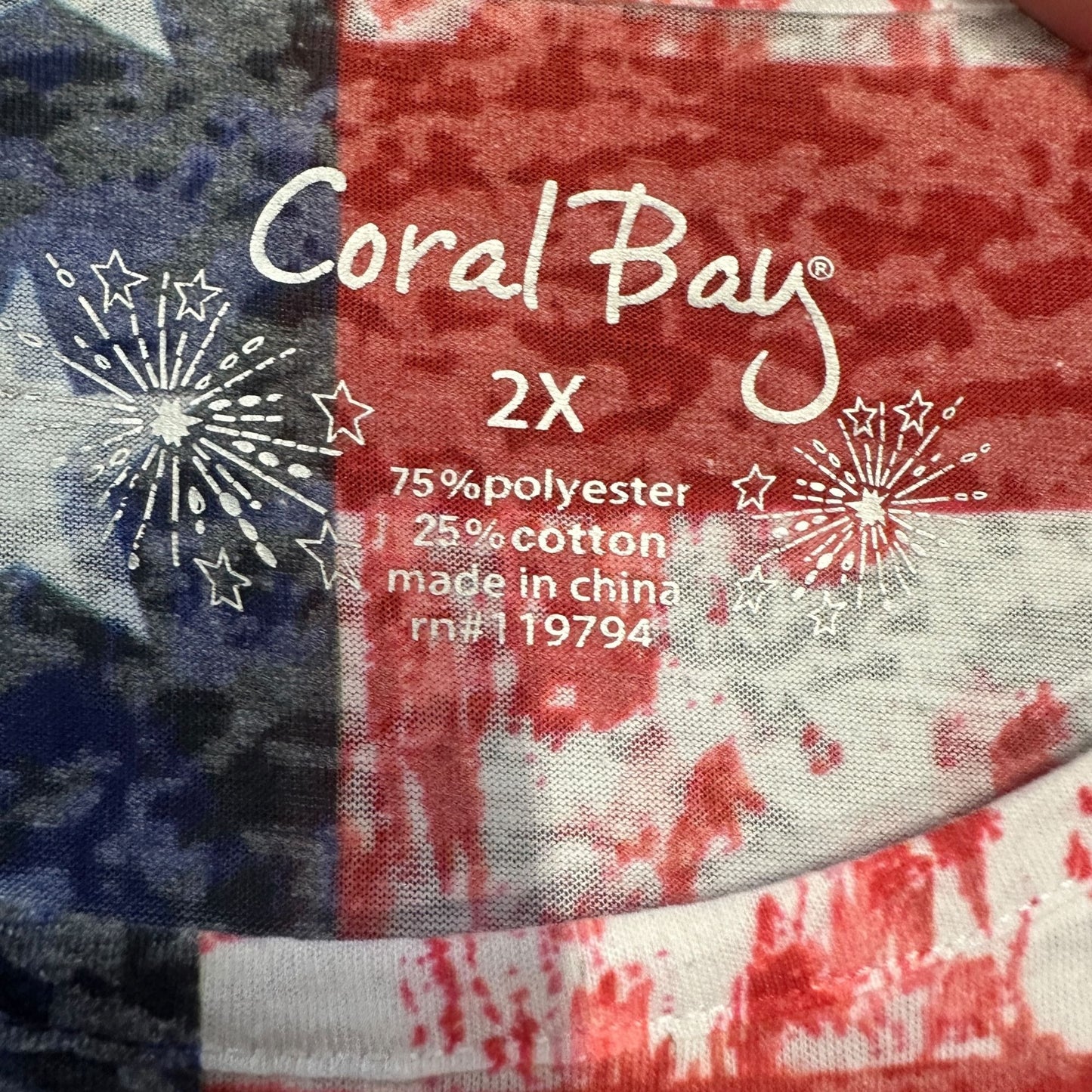 Coral Bay Womens 2X American Flag Burnout Tshirt All Over Print Patriotic USA