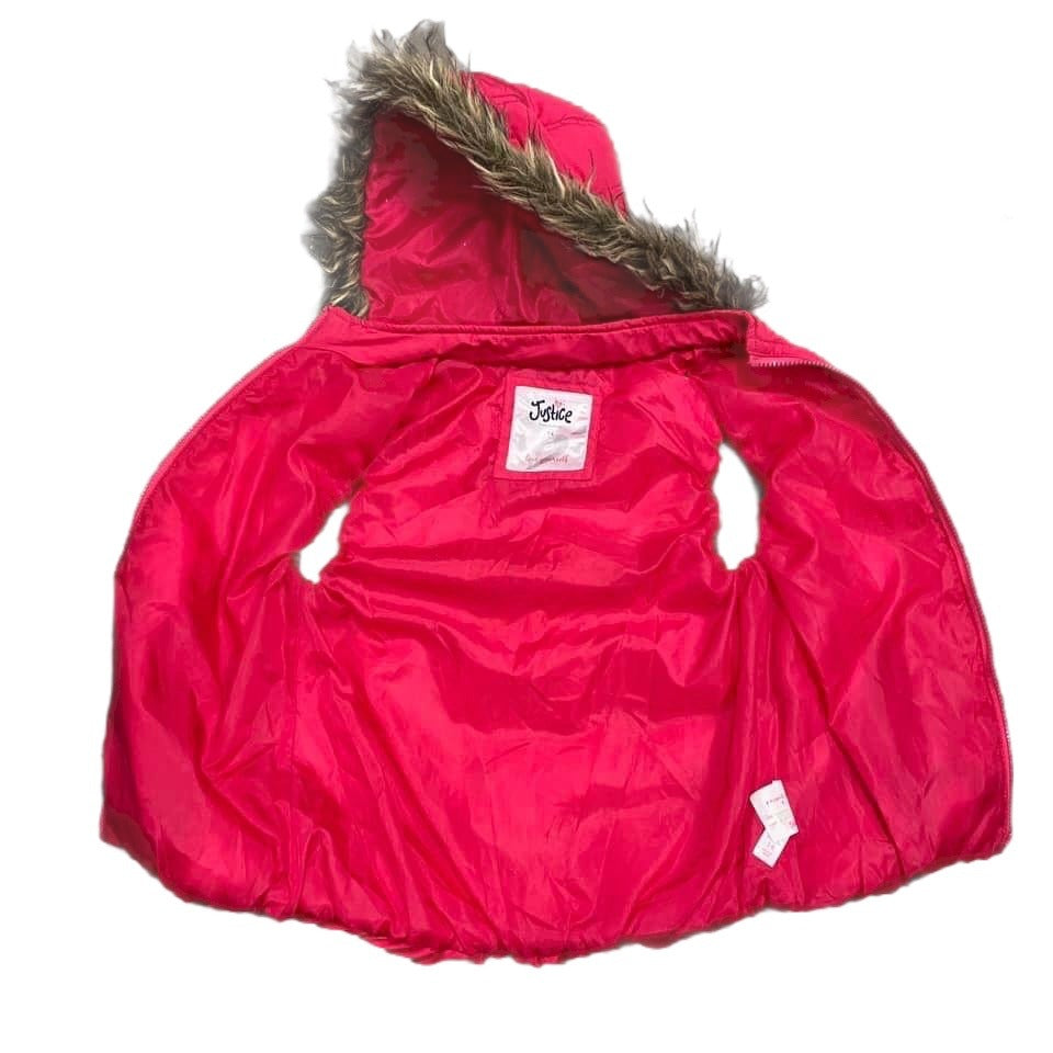 Justice 14 Pink Puffer Vest Faux Fur Lined Full Zip Removable Hoodie Girls