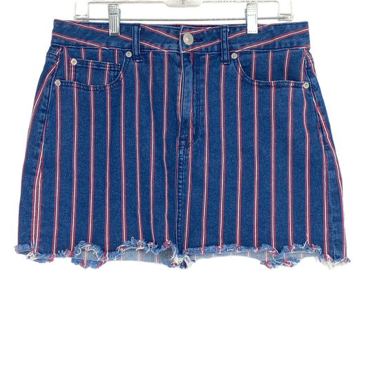 American Eagle 12 Mini Skirt Red White Blue Jean Striped Raw Hem Super Stretch