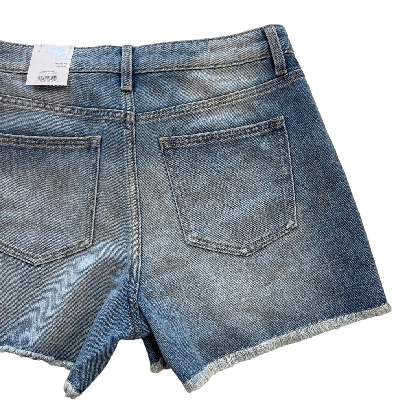 NWT Time and Tru 6 Blue Denim Shorts High Rise Distressed Raw Hem 3.5" Inseam