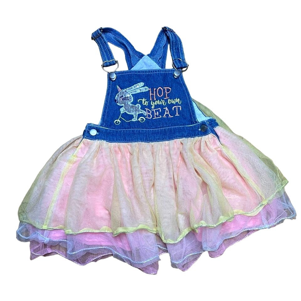 Demin Overall Easter Dress 4T Tutu Skirt Sequin Bunny "Hop to Your Own Beat"