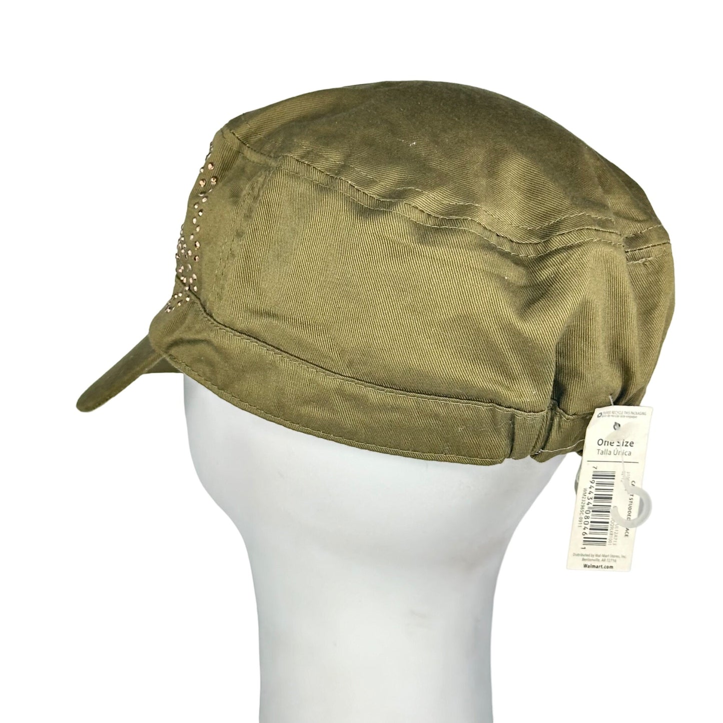 NWT Womens Olive Green Cadet Cap Hat Peace Rhinestone One Size Small Bill