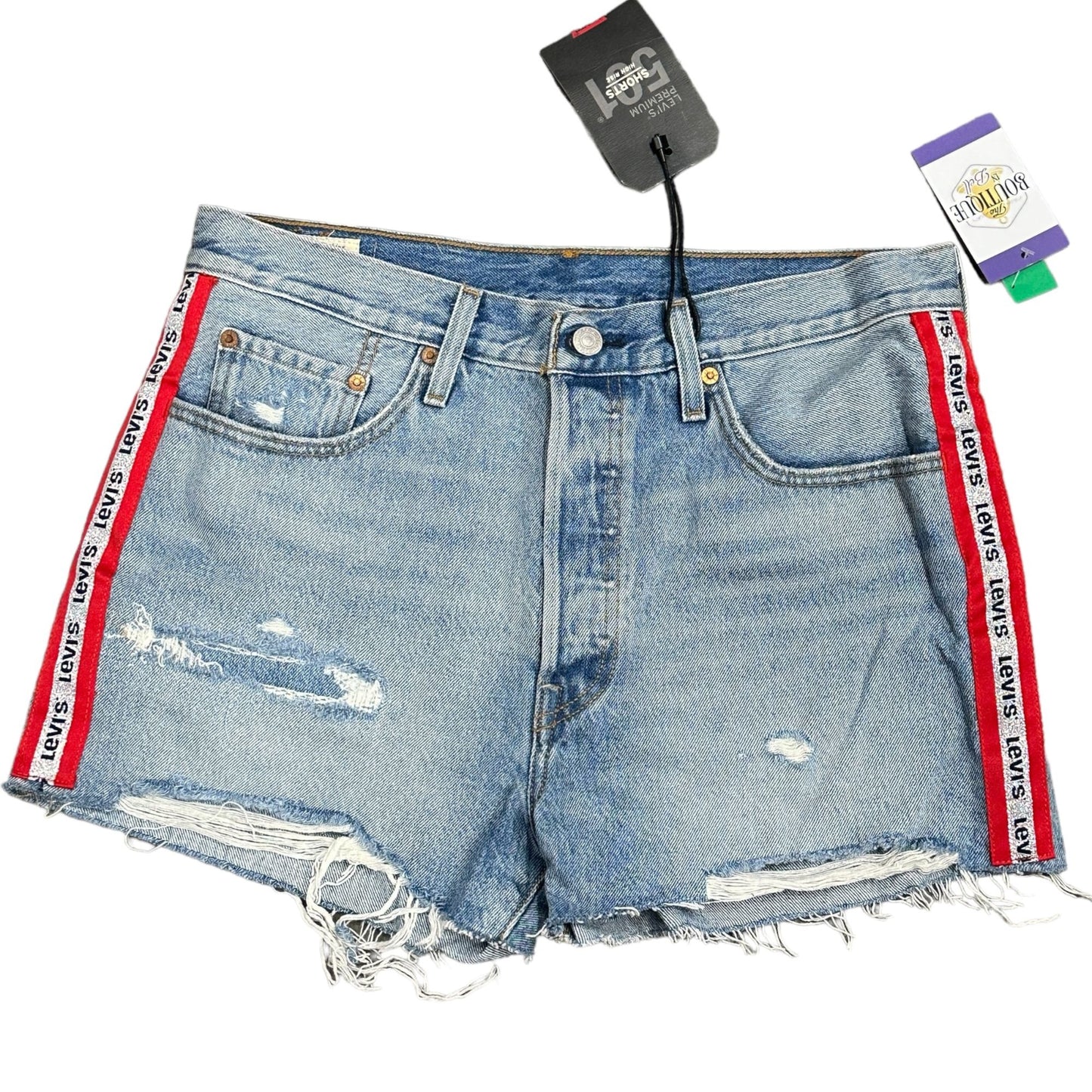 NWT Levis Womens 31 501 High Rise Jean Shorts Button Fly Distressed Cut Off Logo