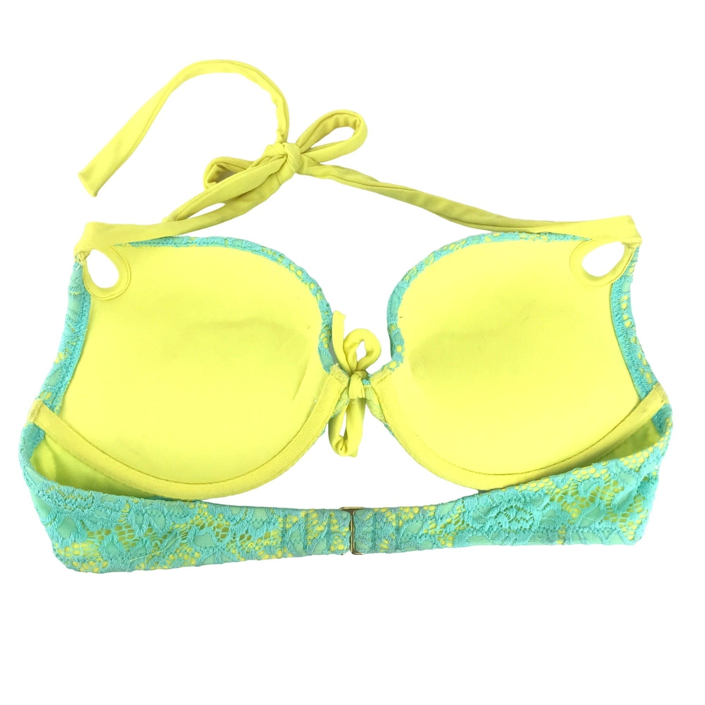 Victoria Secret 34B Teal Yellow Lace Bikini Swim Top Push Up Halter Neck Tie