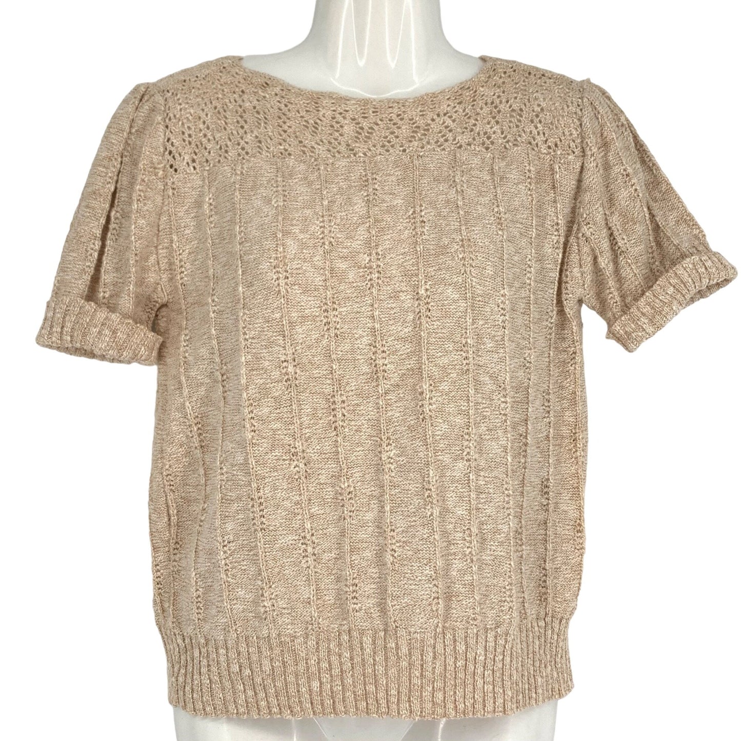 Vintage M Beige Knit Sweater Short Sleeve Ribbed Granny Cottage Round Neck