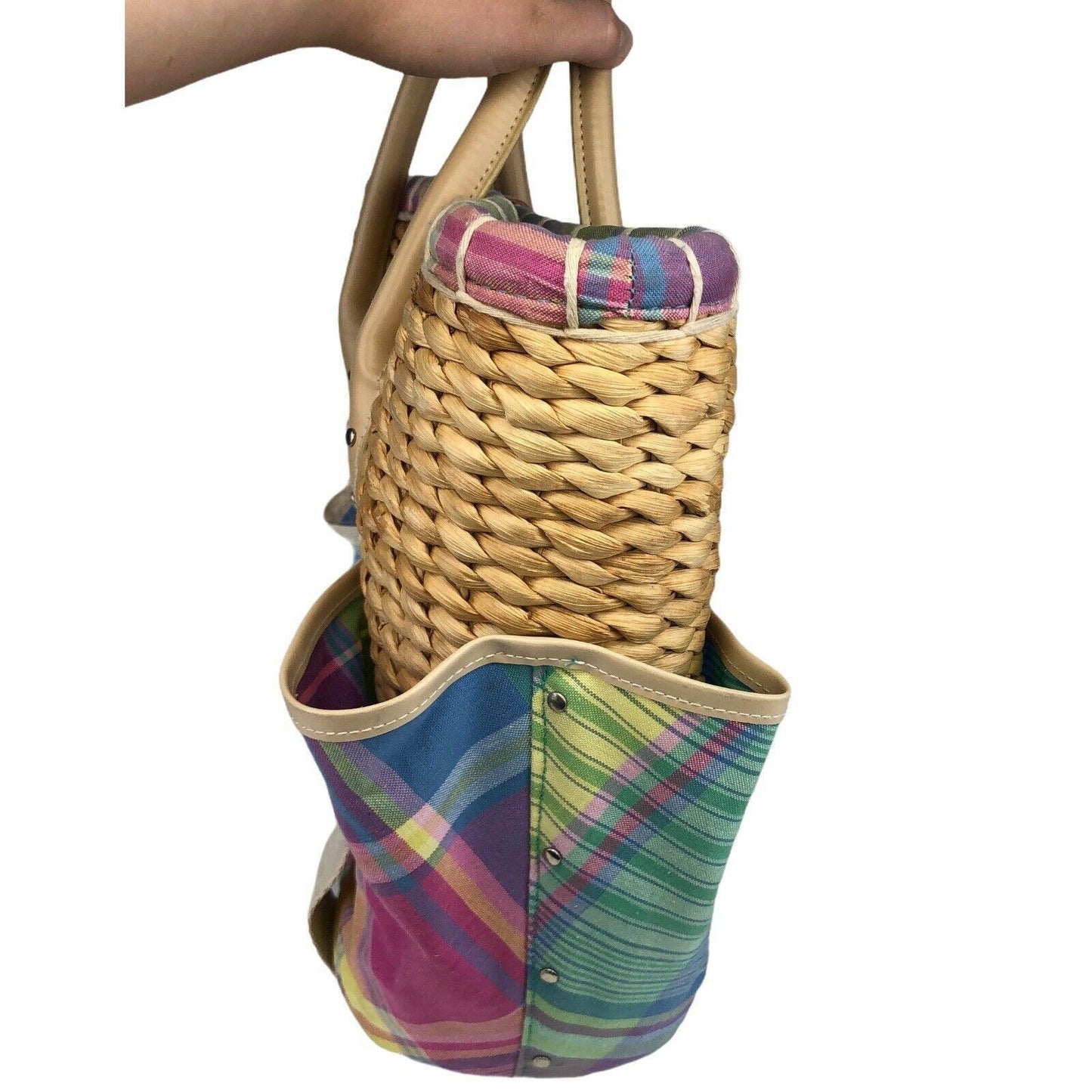 LRL Ralph Lauren Madras Plaid Tote Bag Picnic Basket Wicker Straw Preppy Beach