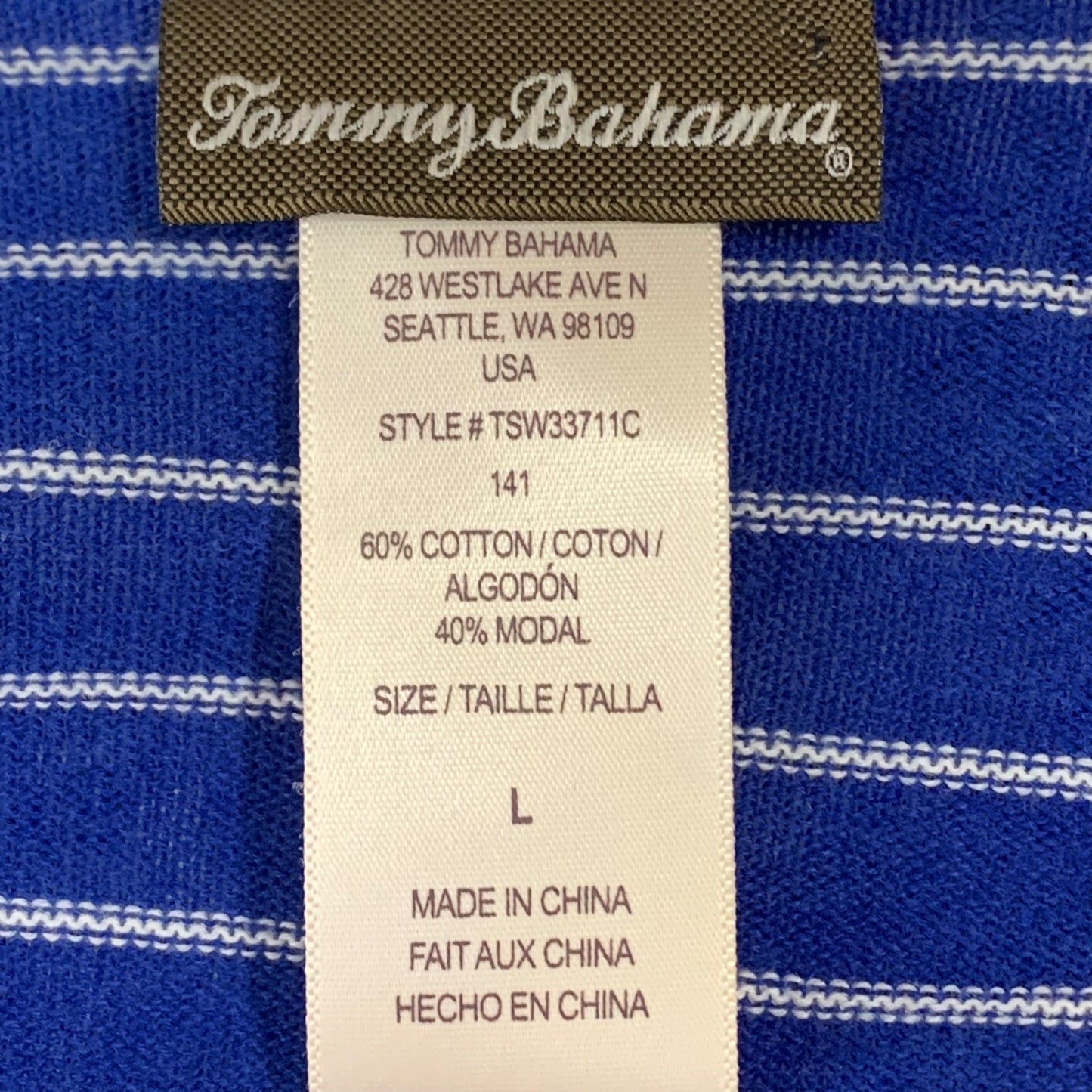 Tommy Bahama L Blue White Striped Tunic Blouse Long Sleeve Vneck Sharkbite Hem