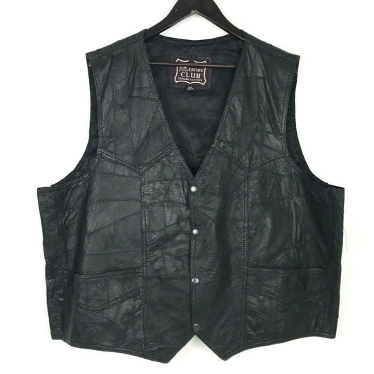 Vintage Leather Club Mens 54 Black Western Leather Vest Snap Front Classic