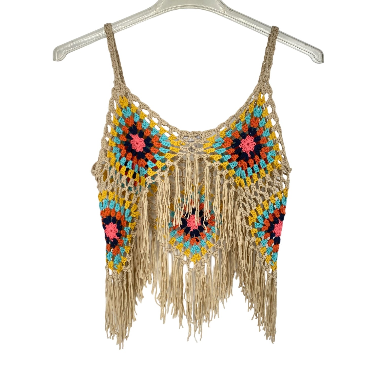 Vivid M Boho Crochet Fringe Tank Top Multicolored Patchwork Handcrafted Design