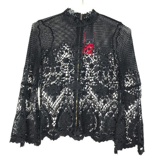 NWT Bold Womens S Black Crochet Lace Blouse Bell Sleeve Exposed Zipper Sheer