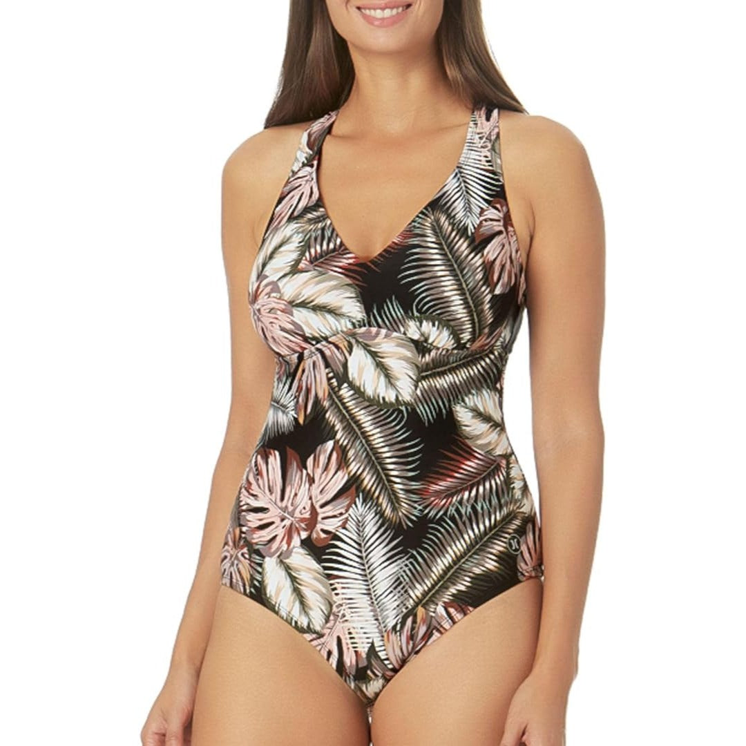 Hurley Womens XXL Tropical Print One Piece Swimsuit Leaf CrissCross Back Black