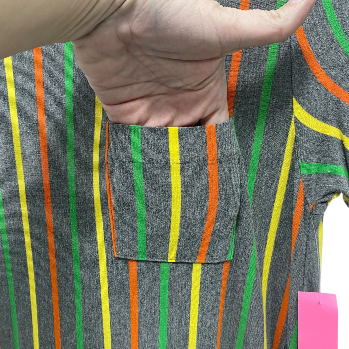 LuLaRoe S Gray Striped High Low Dress Yellow Orange Green Front Pocket Casual