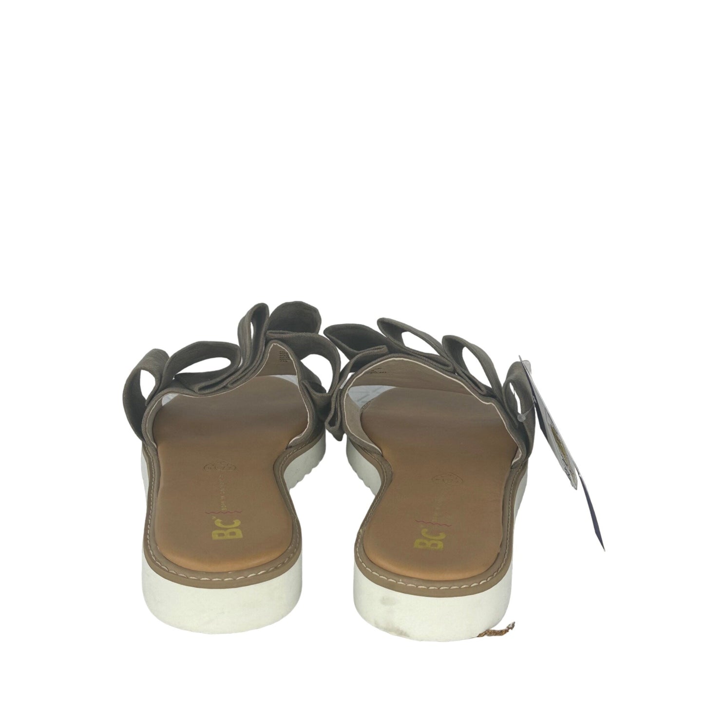 NWT BC Footwear Womens 7.5 Taupe Slip On Sandals Flat Open Toe Ruffle Casual