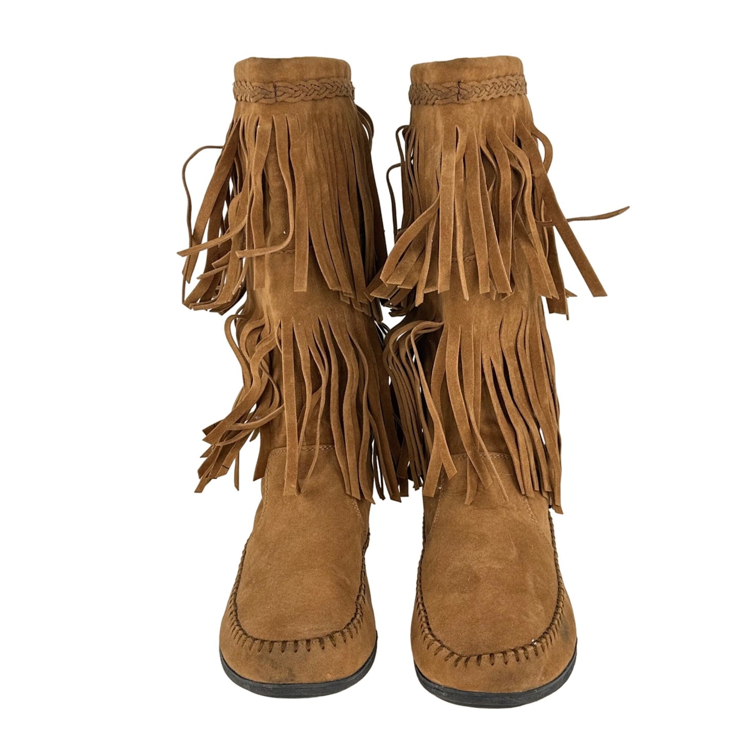 Rampage Womens 7.5 Cantrell Brown Fringe Pull On Boot Mid Calf Boho Hippie 70s