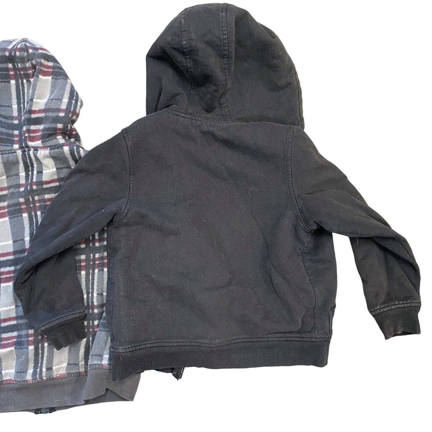 Boys S 6/7 Hoodie Jacket Lot of 2 Gray Plaid Fleece Lined Kangaroo Pockets Zip