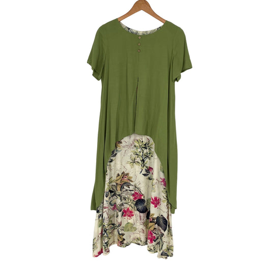 Unbranded M Green Floral Dress Layered Look Tropical Bamboo Button Short Sleeve