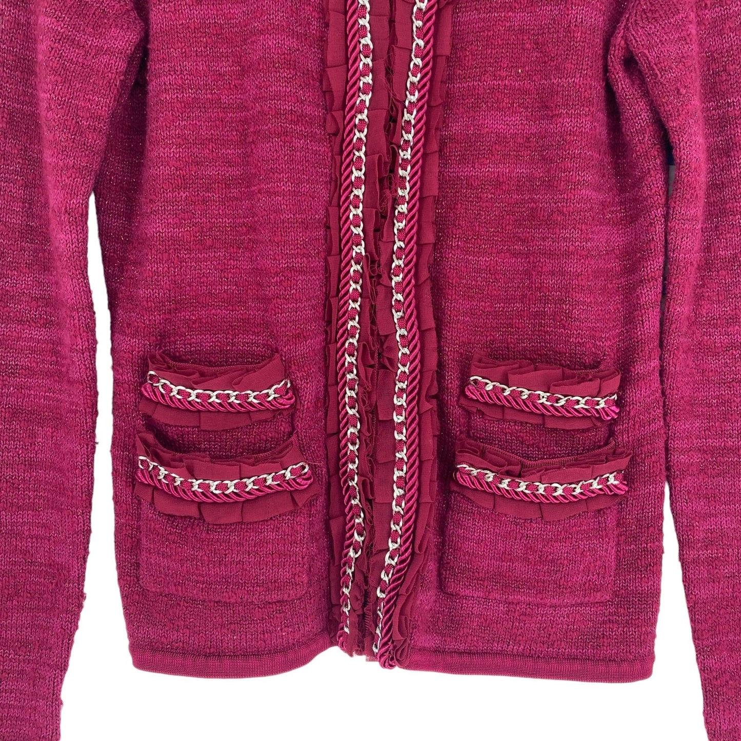 White House Black Market S Fuchsia Pink Cardigan Sweater Chain Ruffle Trim