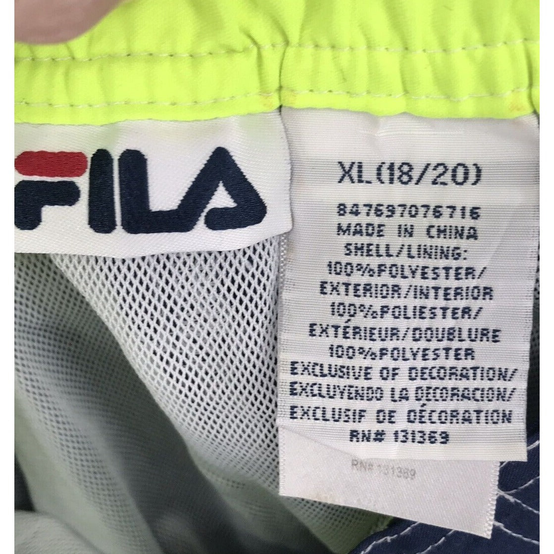 Fila Boys Youth XL 18/20 Swim Trunks Board Shorts Navy Neon Green Logo Lined