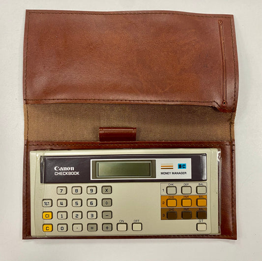 Vintage 80s Canon Checkbook Money Manager Calculator With Brown Leather Cover