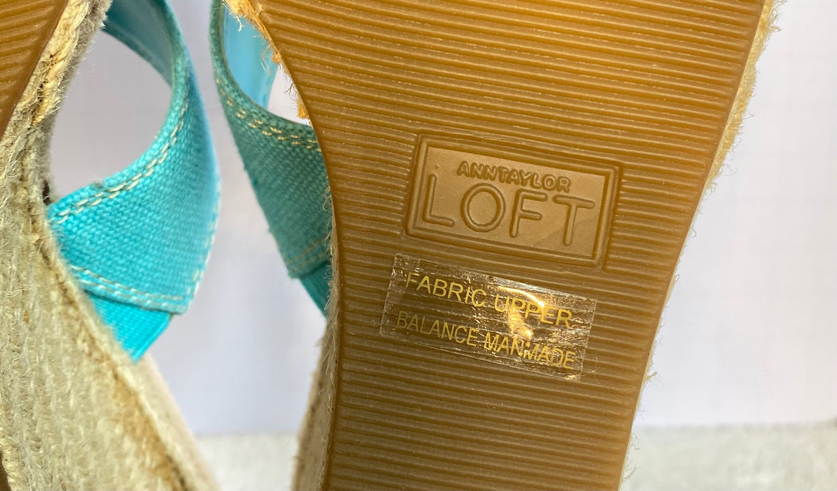 Ann Taylor Loft Size 6 Turquoise Wedge Espadrille Sandal Crisscross Fabric Strap