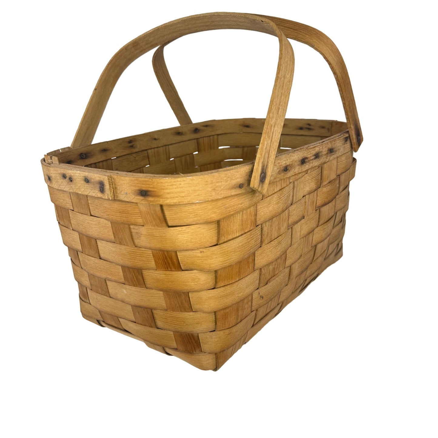 Vtg Basketville Woven Wood Picnic Basket Swing Handles Farmhouse Rustic Decor