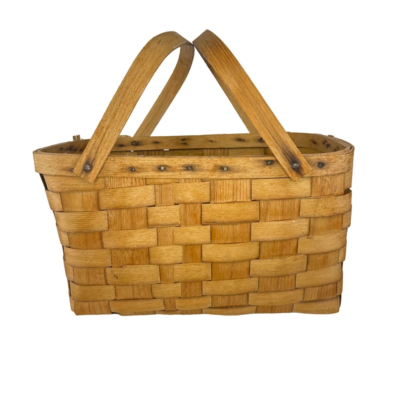 Vtg Basketville Woven Wood Picnic Basket Swing Handles Farmhouse Rustic Decor