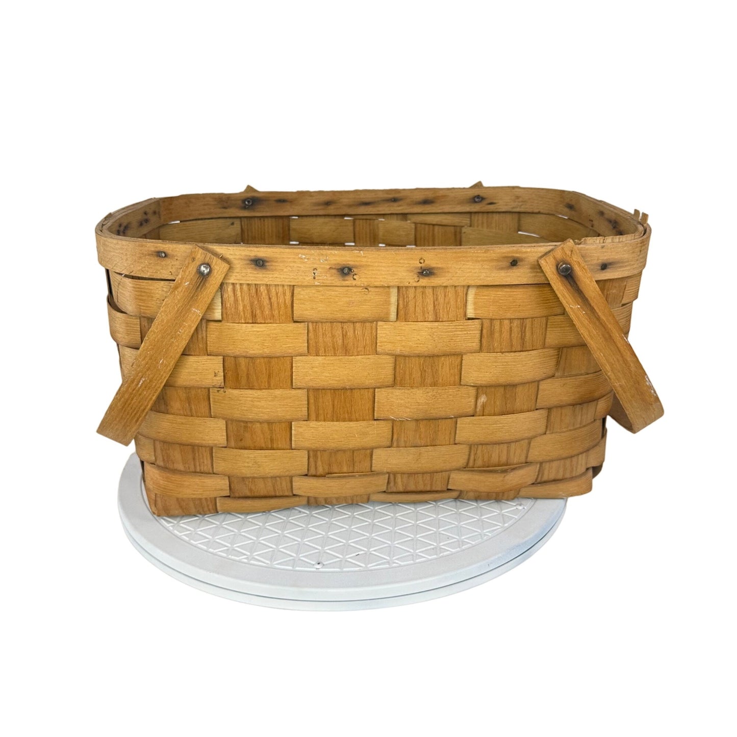 Vtg Basketville Woven Wood Picnic Basket Swing Handles Farmhouse Rustic Decor