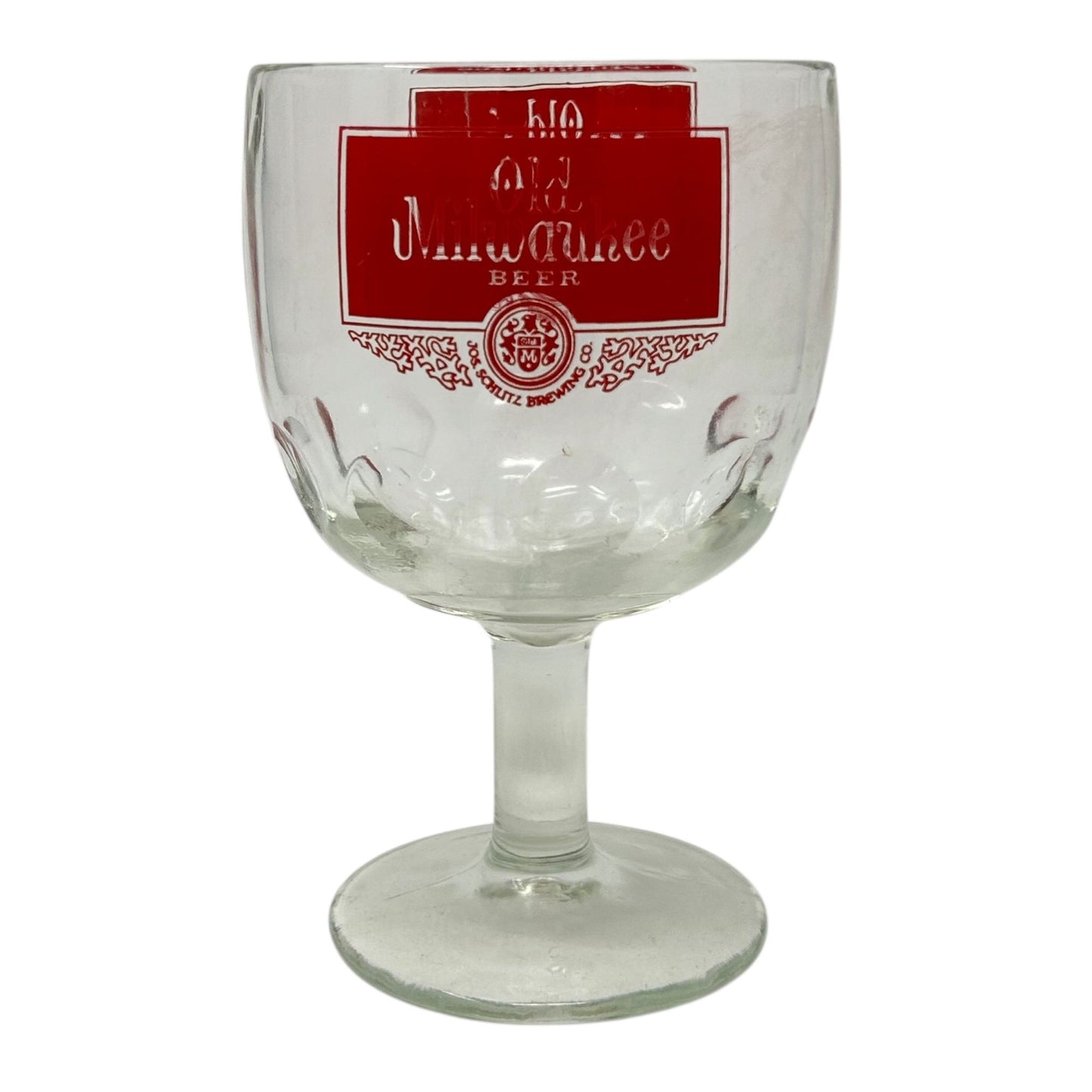 Vtg Old Milwaukee Beer Thumb Print Goblet Red Logo 16 Oz Jos. Schlitz Brewing Co