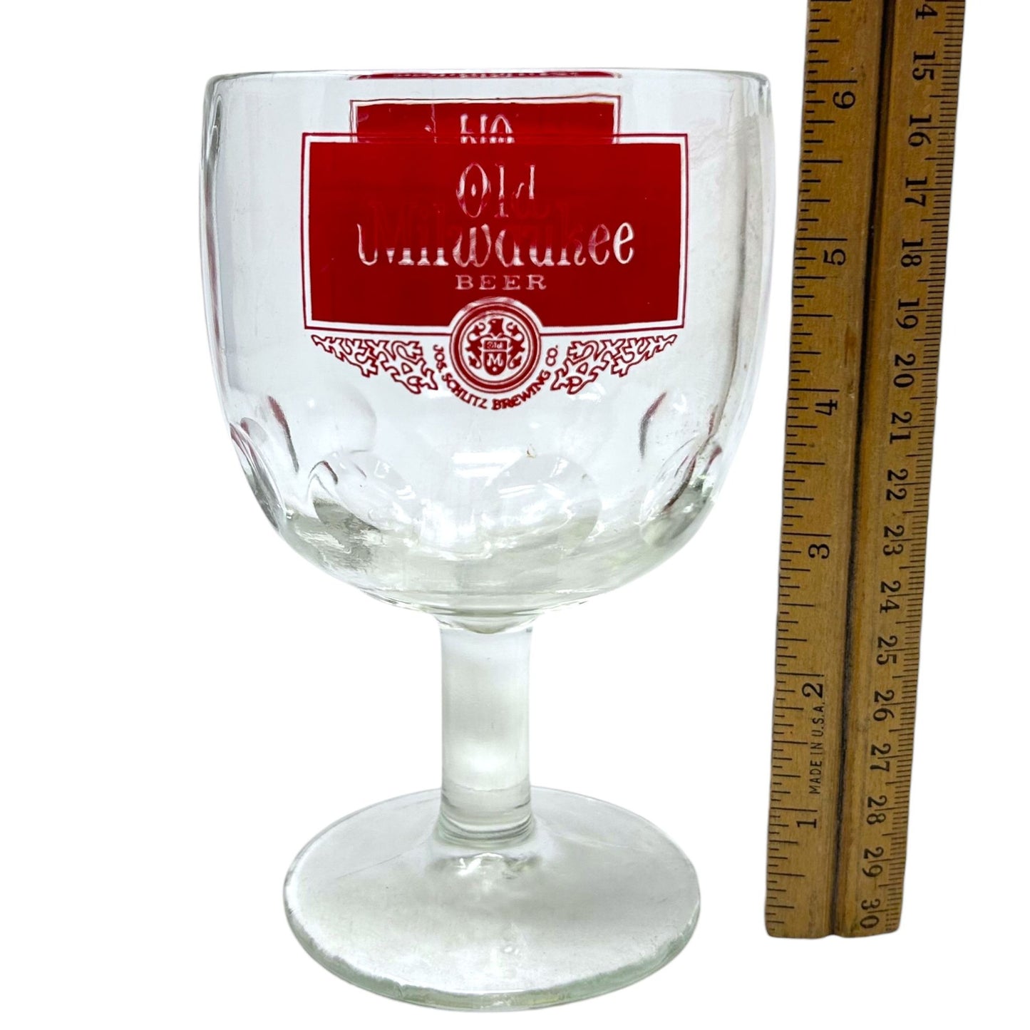 Vtg Old Milwaukee Beer Thumb Print Goblet Red Logo 16 Oz Jos. Schlitz Brewing Co