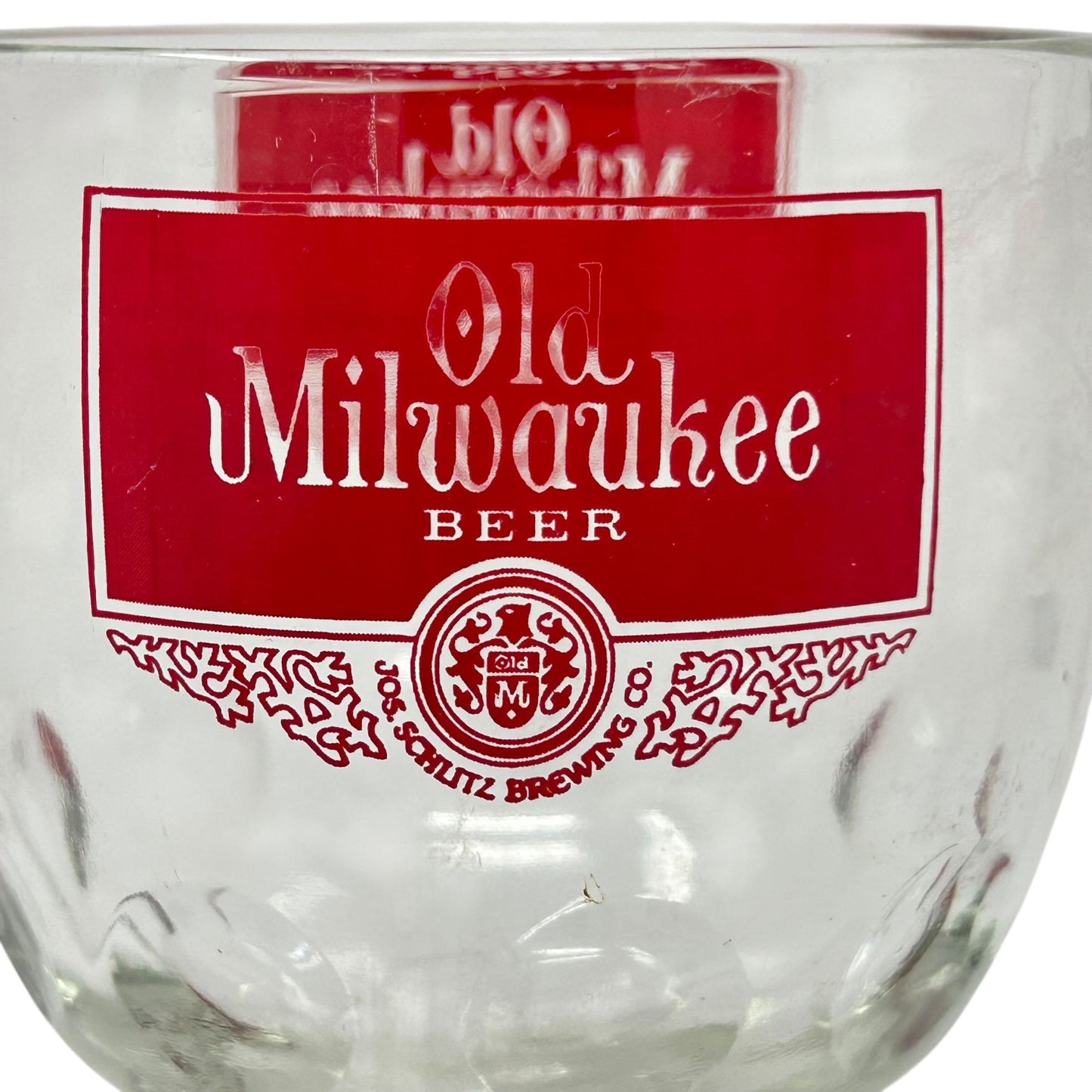 Vtg Old Milwaukee Beer Thumb Print Goblet Red Logo 16 Oz Jos. Schlitz Brewing Co