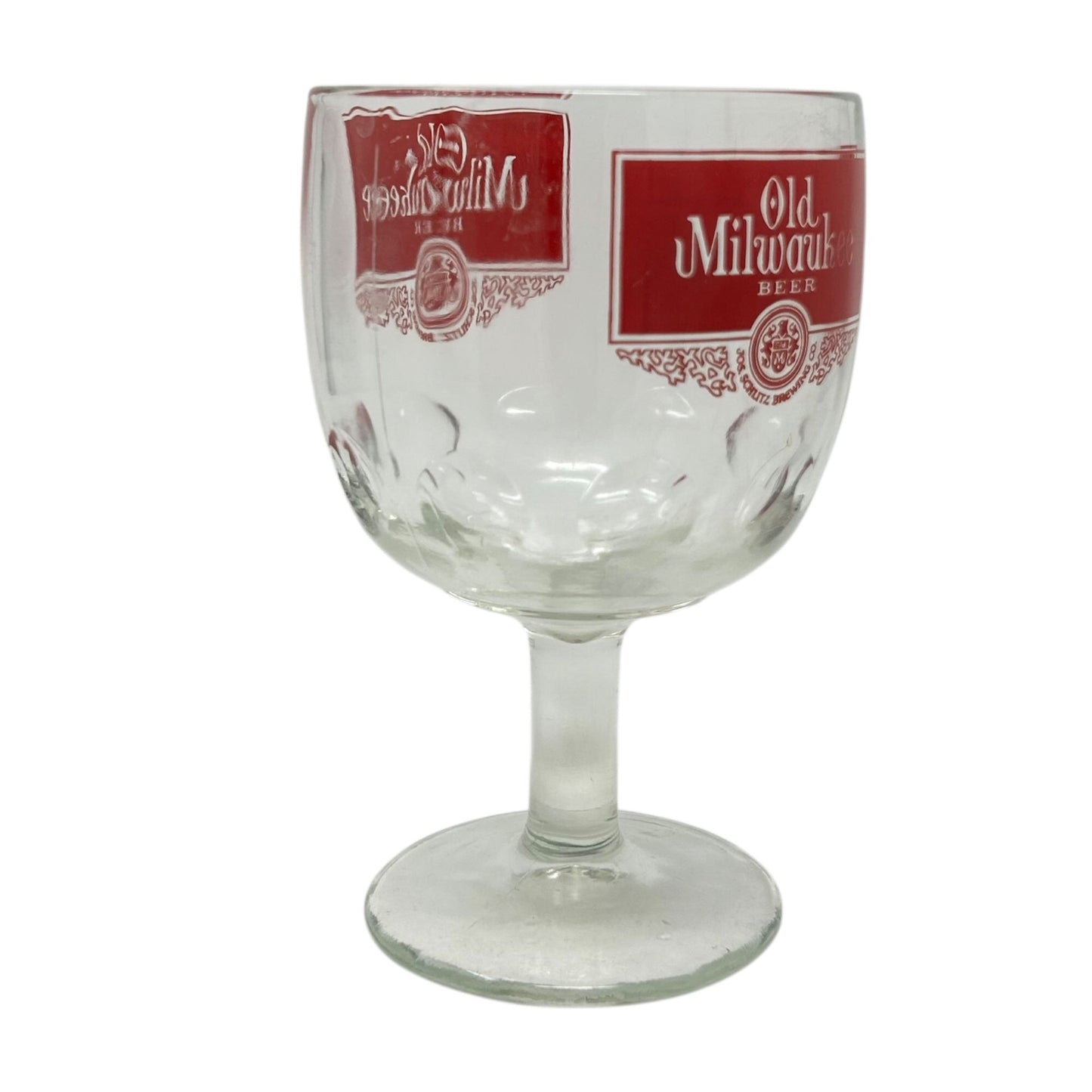 Vtg Old Milwaukee Beer Thumb Print Goblet Red Logo 16 Oz Jos. Schlitz Brewing Co