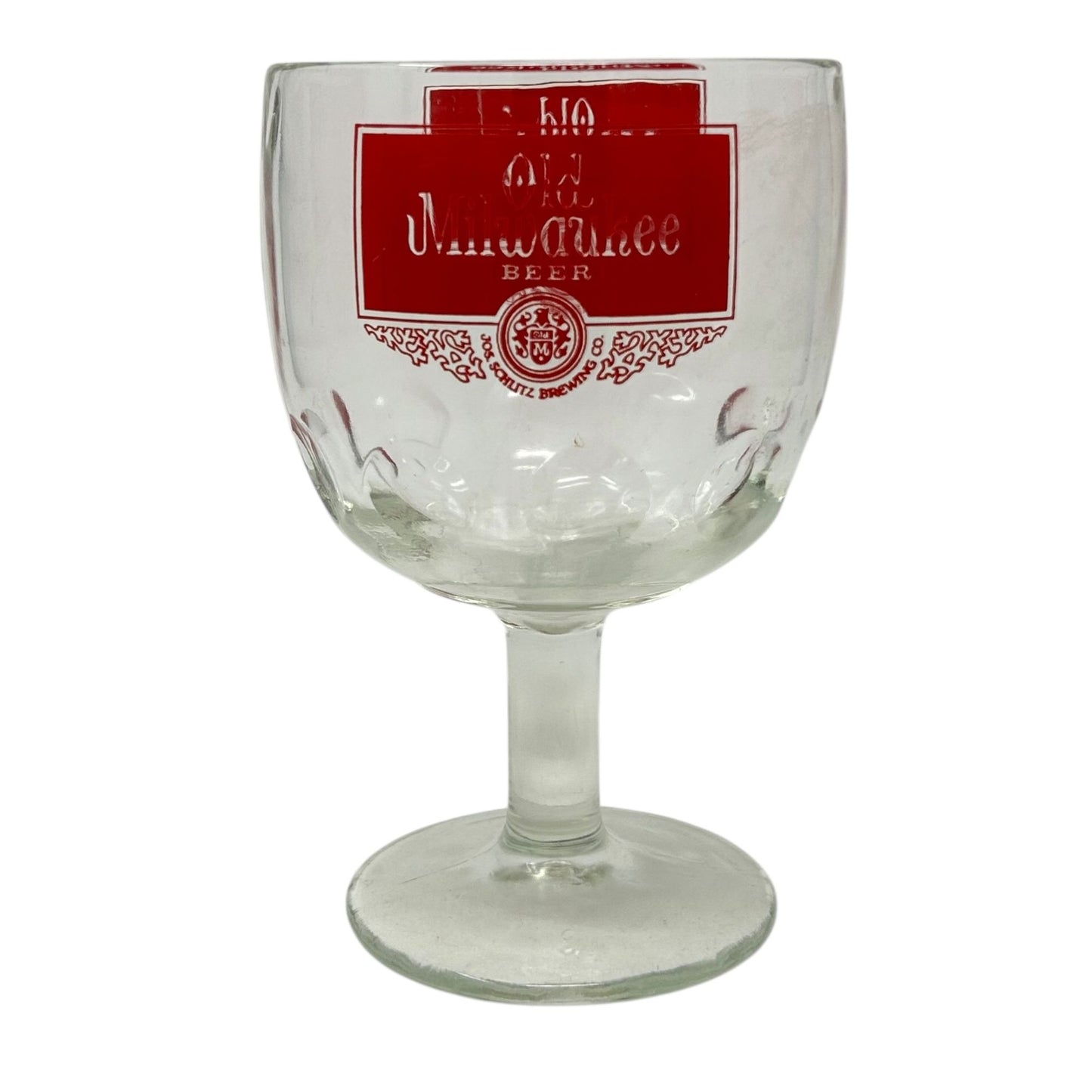 Vtg Old Milwaukee Beer Thumb Print Goblet Red Logo 16 Oz Jos. Schlitz Brewing Co
