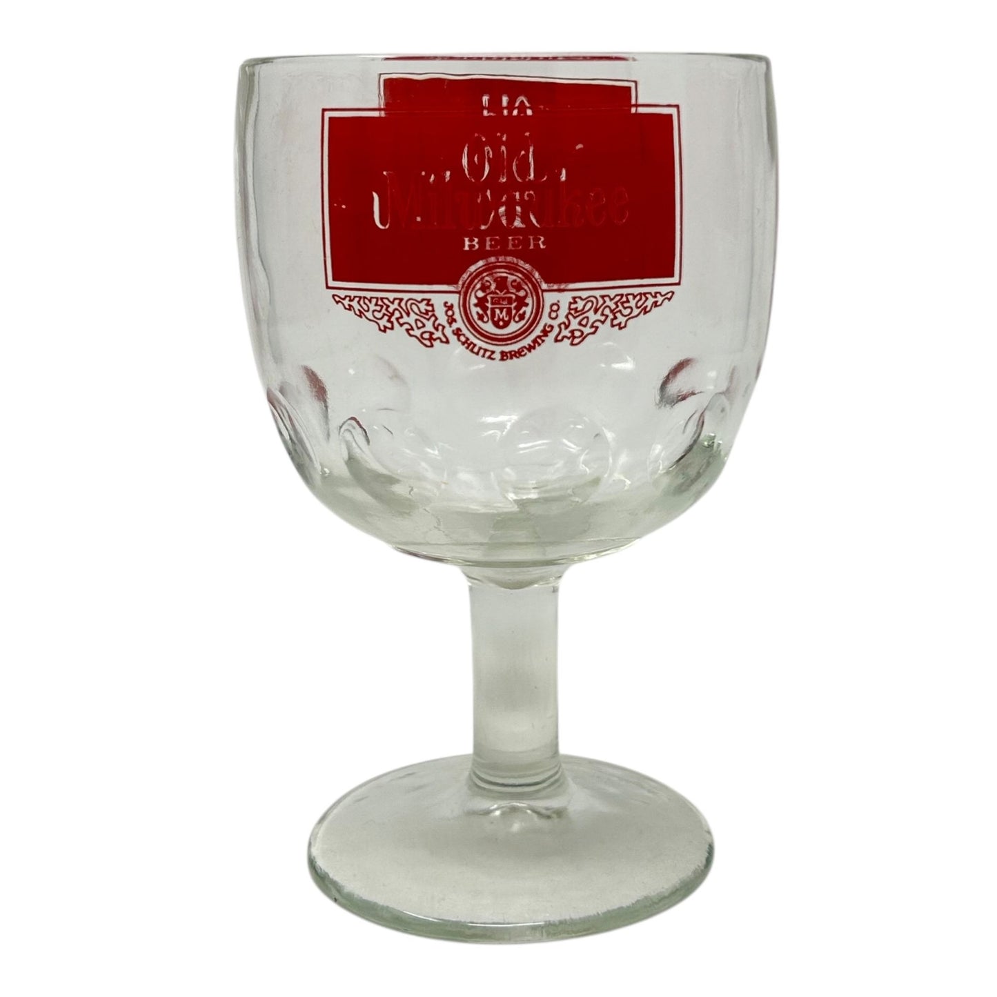 Vtg Old Milwaukee Beer Thumb Print Goblet Red Logo 16 Oz Jos. Schlitz Brewing Co
