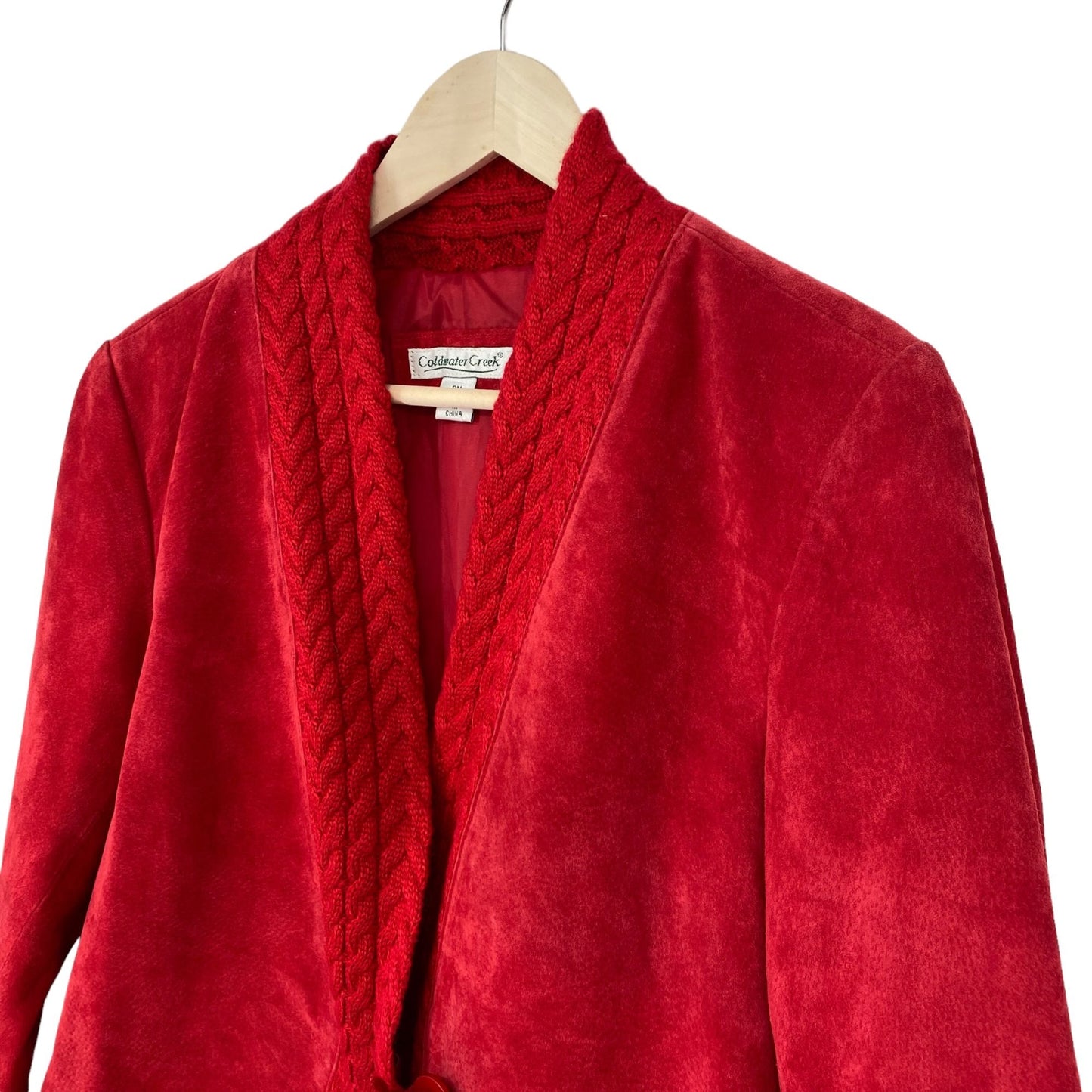 Coldwater Creek Womens PM Red Suede Jacket Button Loop Closure Crotchet Accent