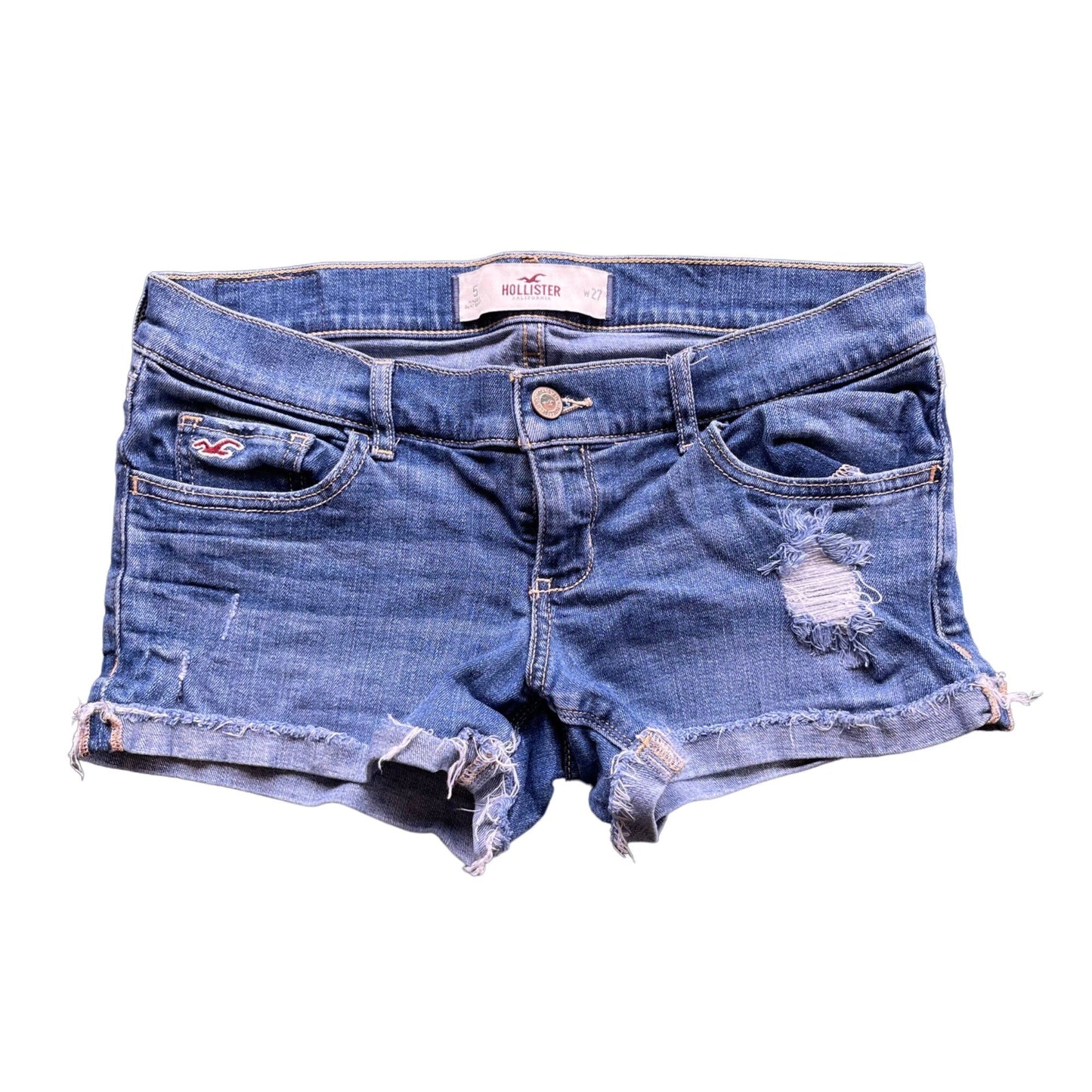 Hollister Womens 5/27 Blue Denim Jean Shorts Distressed Medium Wash 3" Inseam