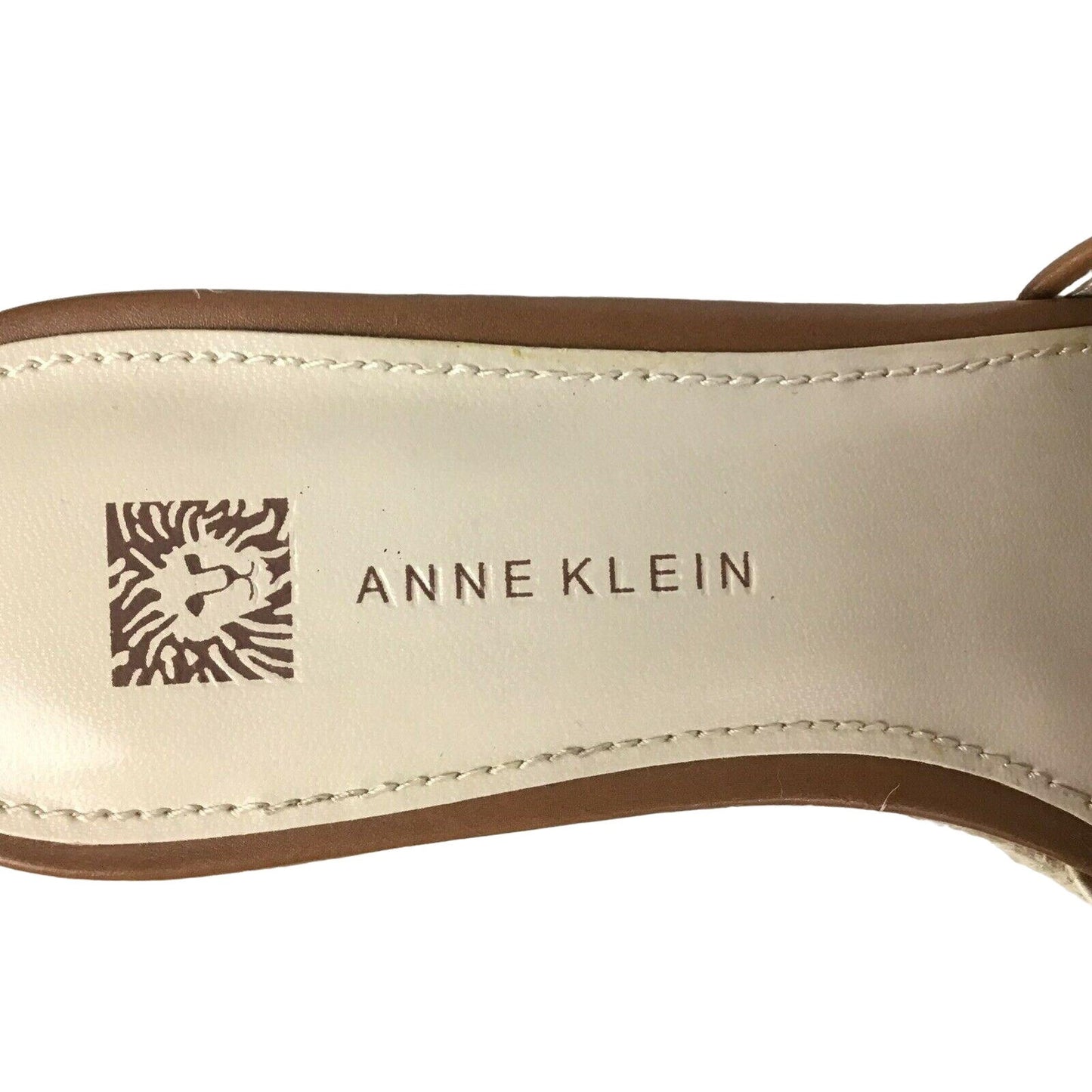 Anne Klein 8M Elissabet Gold Lion Head Espadrilles Tan White Sandal Wedges NEW