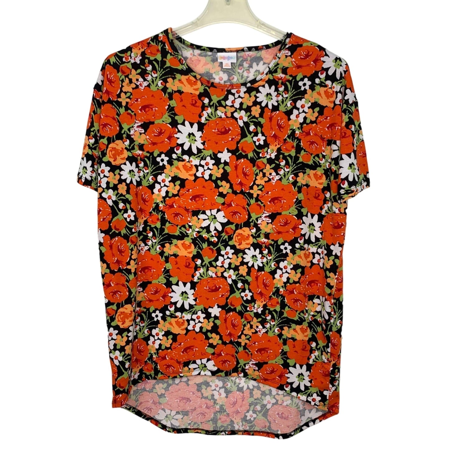 LuLaRoe XS Tunic Top Short Sleeve Shirt HiLo Hem Scoop Black Orange Floral Print