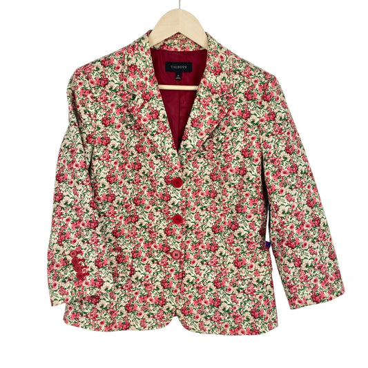 Talbots Womens 12 Floral Print Blazer 3 Button Closure Lined Pink Green White