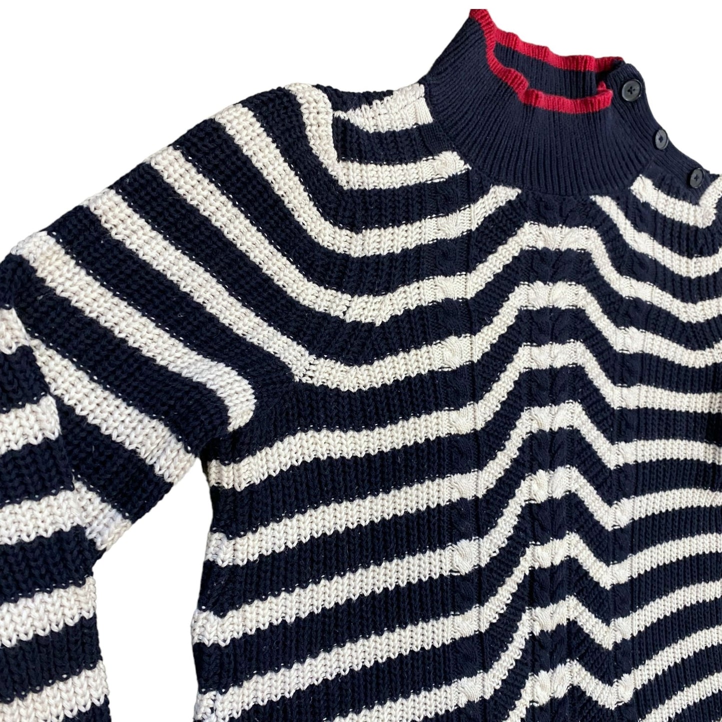 LOFT S Striped Sweater Blue Red White Mock Neck Boyfriend Cable Knit Ribbed