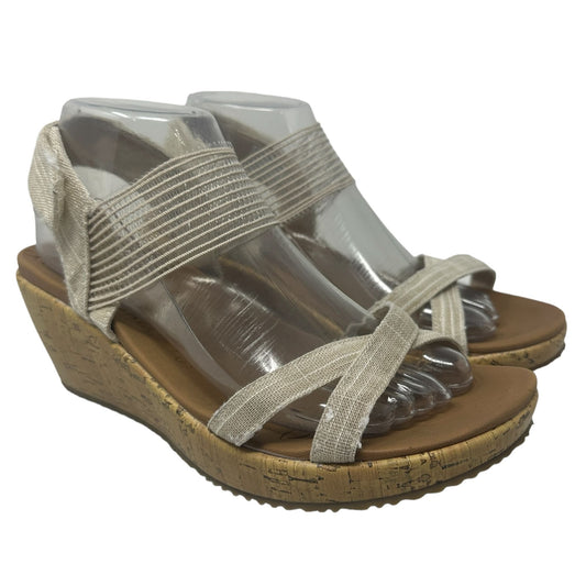 Skechers Womens 9 Beverlee Sandals Ankle Strappy Wedge Heel Beige Tan Luxe Foam