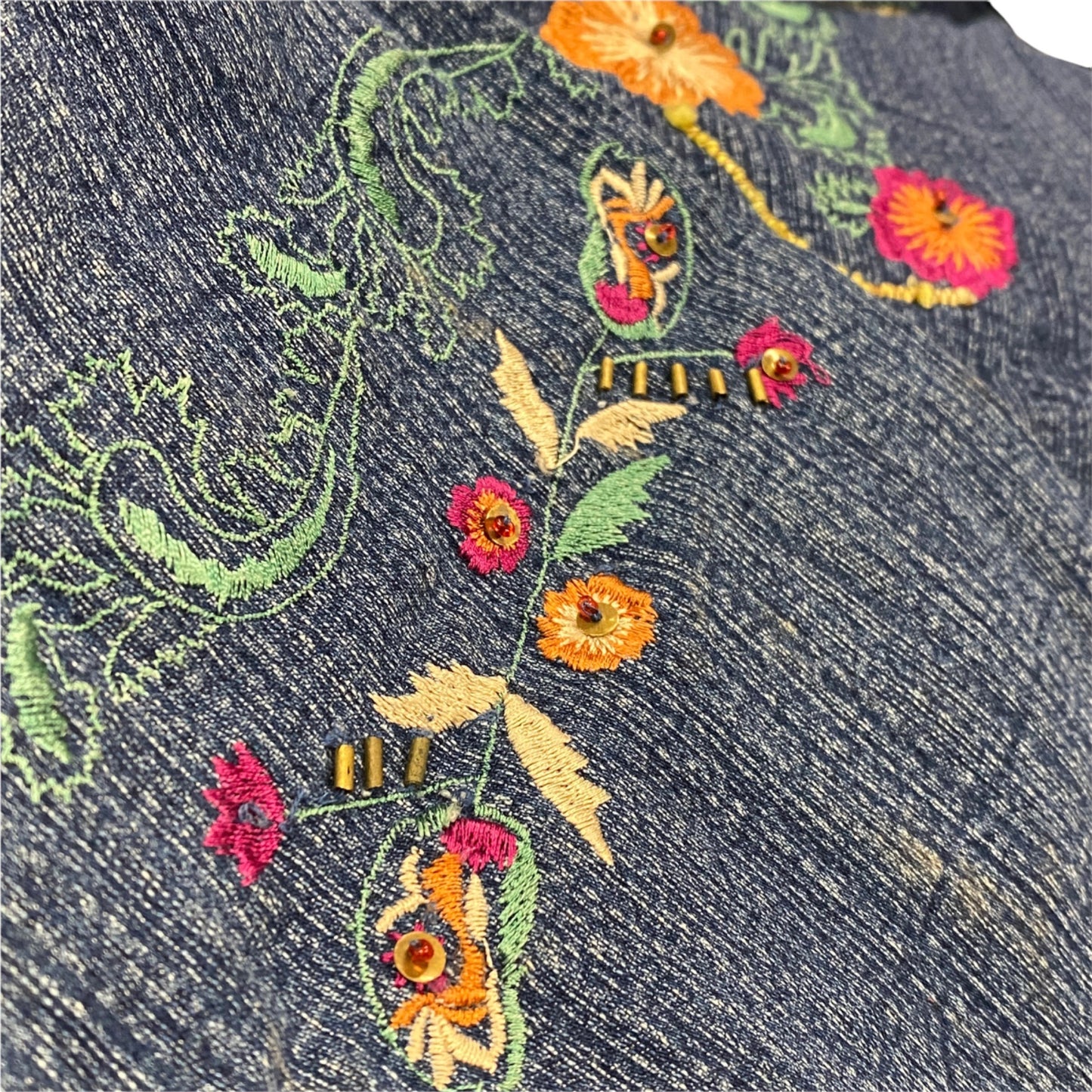 Vintage Two Twenty Collection Womens M Blue Jean Jacket Floral Embroidered Denim