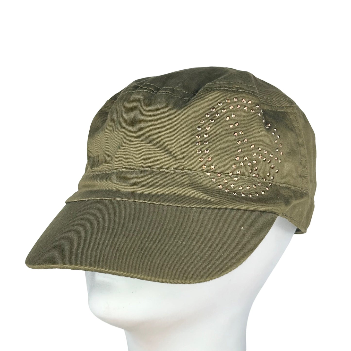 NWT Womens Olive Green Cadet Cap Hat Peace Rhinestone One Size Small Bill