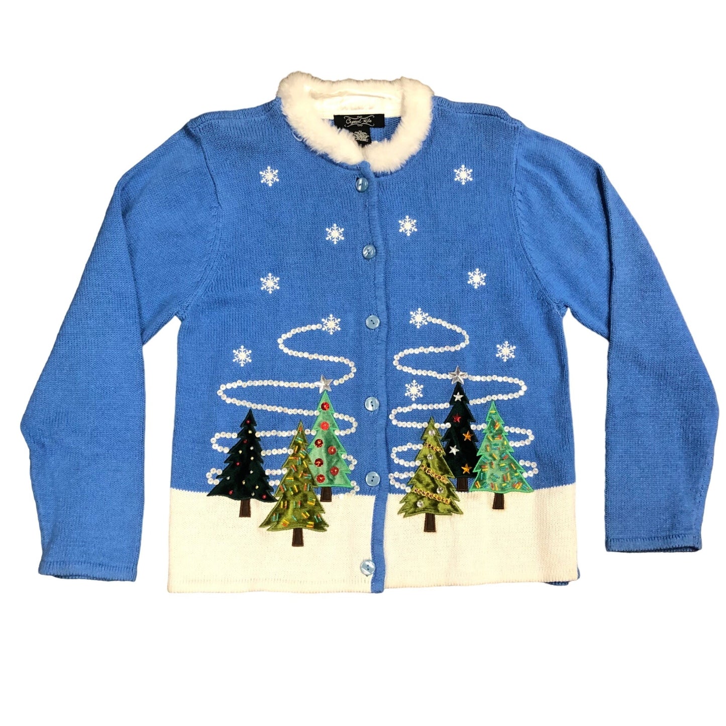 Vintage Crystal Kobe M Blue Front Button Sweater Christmas Tree Faux Fur Trim