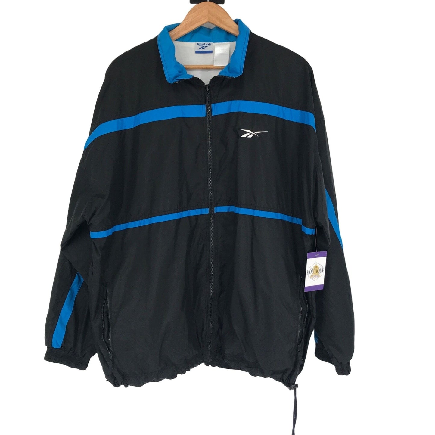 Vintage Reebok L Black Blue Full Zip Windbreaker Jacket Zip Pockets Collar