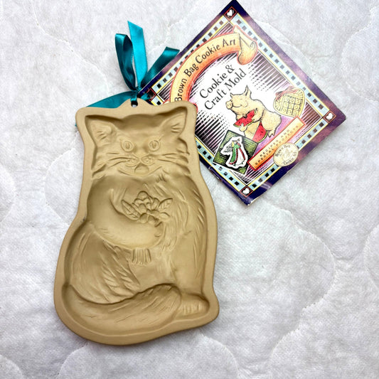 Vtg Brown Bag Cookie Art Stoneware Mold 1983 Sitting Cat Bouquet w/Recipe Tag