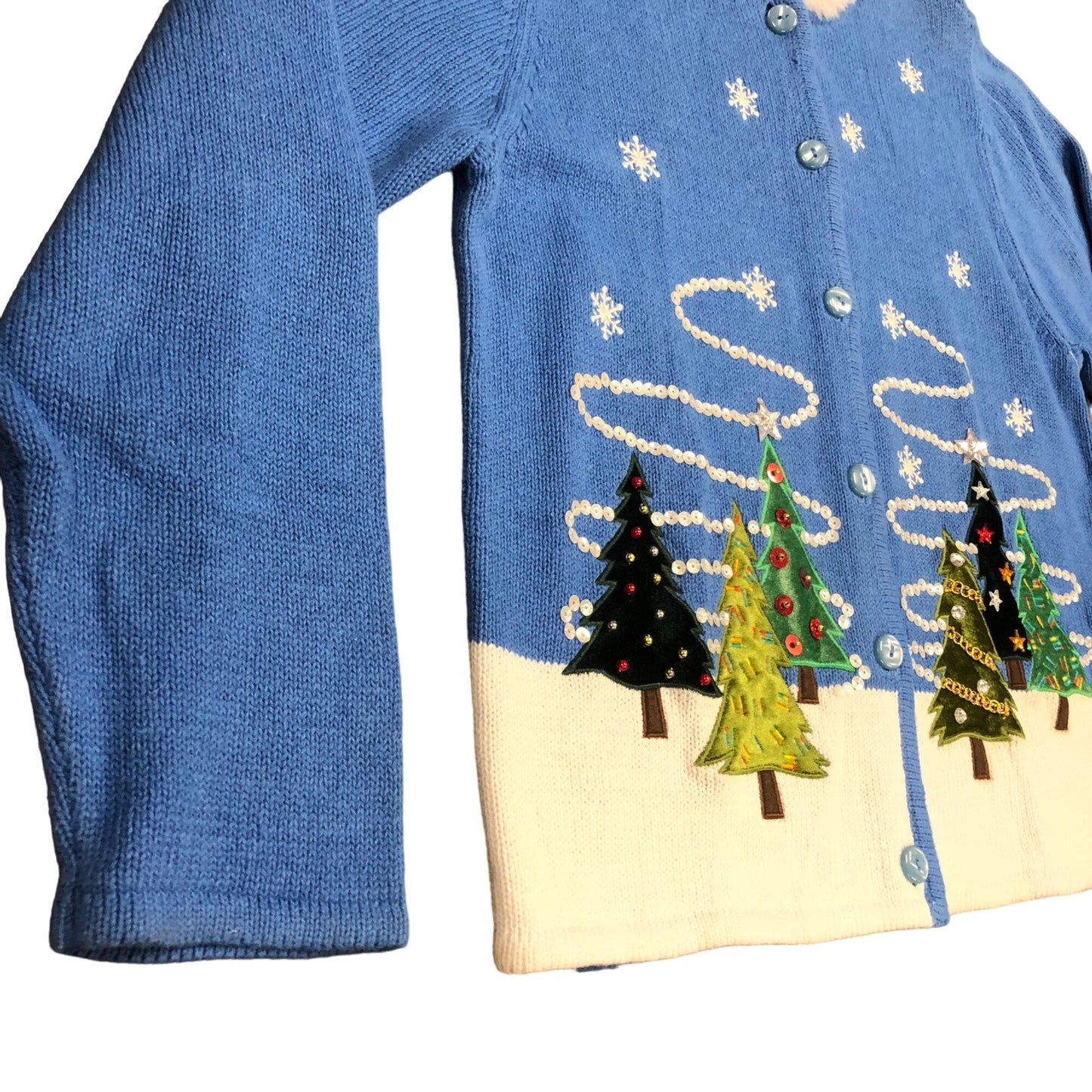 Vintage Crystal Kobe M Blue Front Button Sweater Christmas Tree Faux Fur Trim