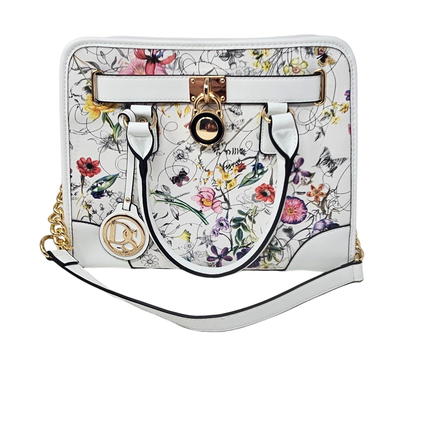 Dasein White Floral Purse Handbag Shoulder Bag Matching Wallet Inside Pocket