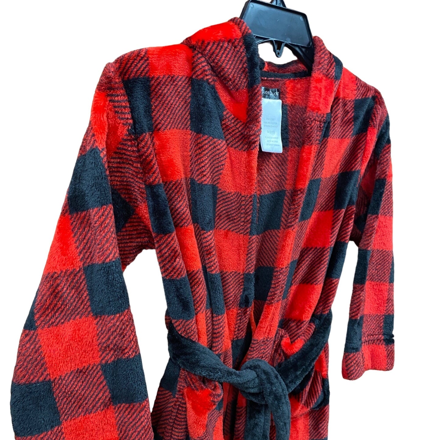 Cuddl Duds M 8/10 Youth Buffalo Plaid Plush Bath Robe Black Red Fuzzy Hooded