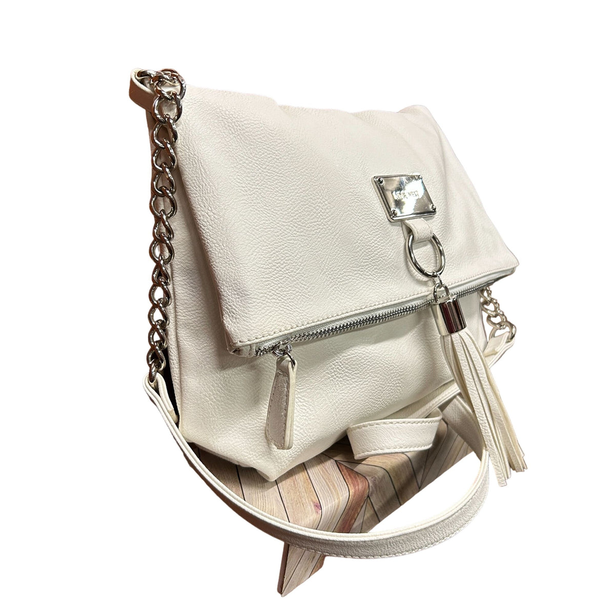 Nine West White Crossbody Purse NWT Zip Closure Silver Accents Tassel Handbag
